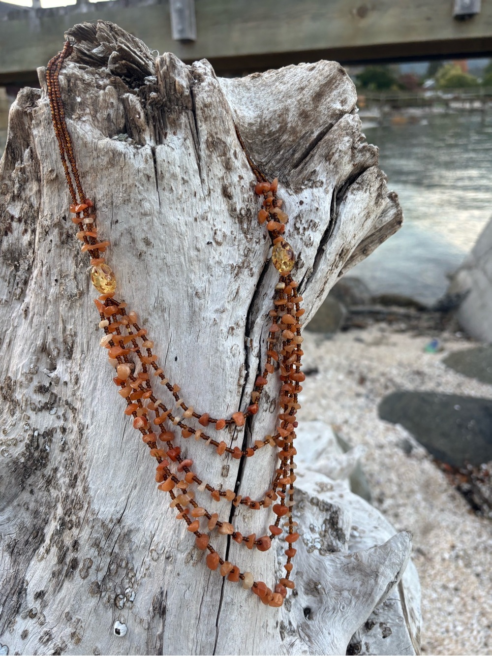 Vintage Carnelian Chip Multi Strand Seed Bead Layered Boho Necklace • Stone Chip